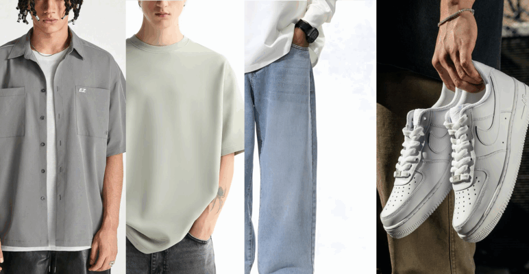 Những item tiêu biểu của phong cách Minimal cho nam gồm áo thun basic, áo sơ mi đơn giản, quần jean và giày thể thao tối giản.